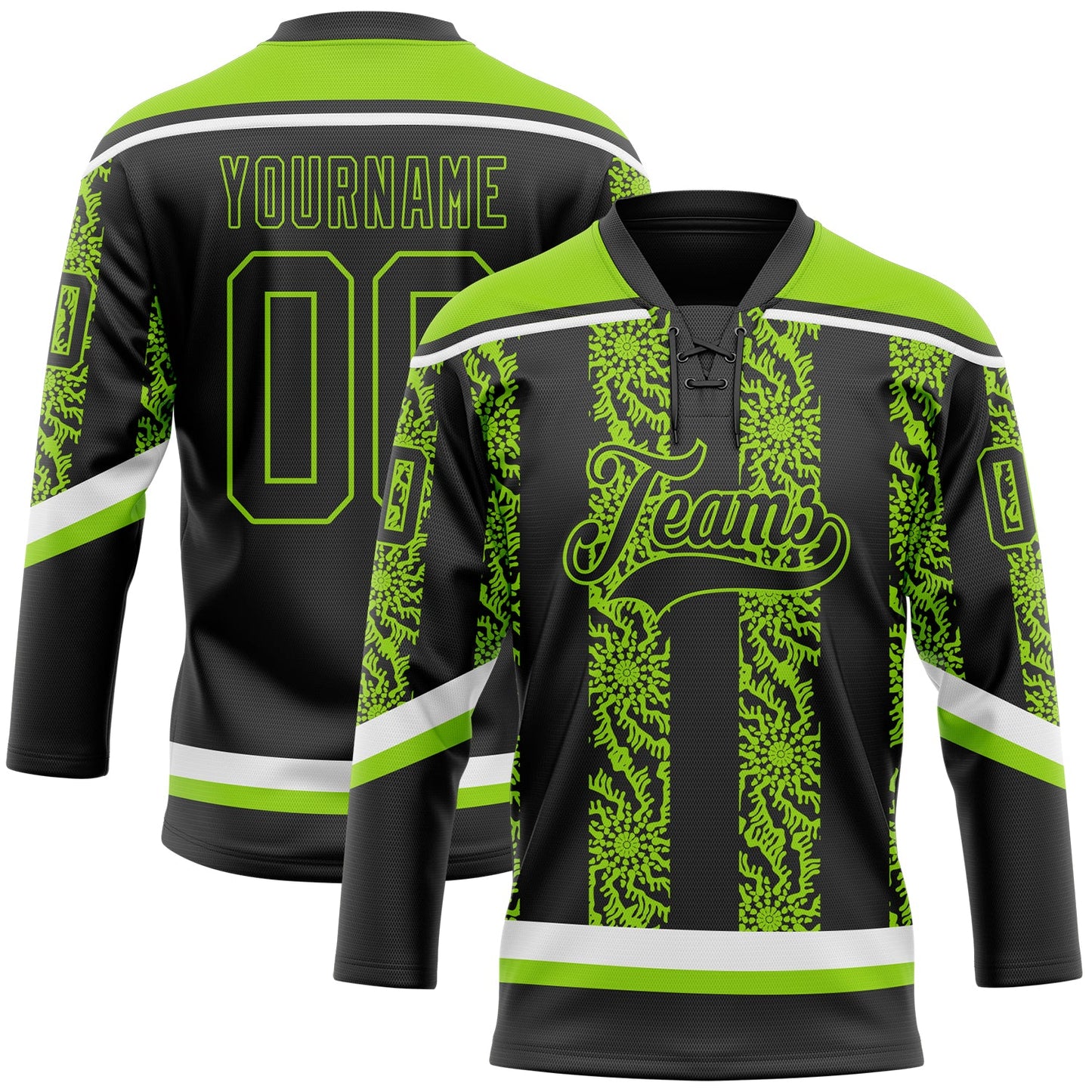 Custom Black Neon Green-White 3D Pattern Abstract Shape Hockey Lace Neck Jersey - Main View