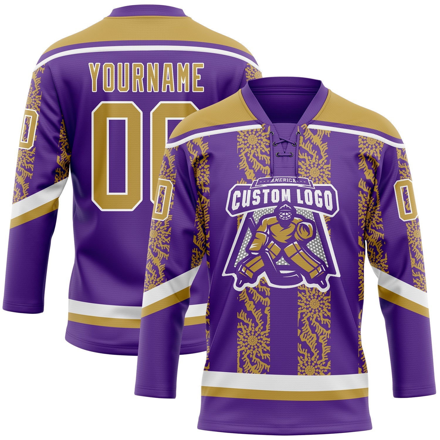 Custom Purple Old Gold-White 3D Pattern Abstract Shape Hockey Lace Neck Jersey view 2