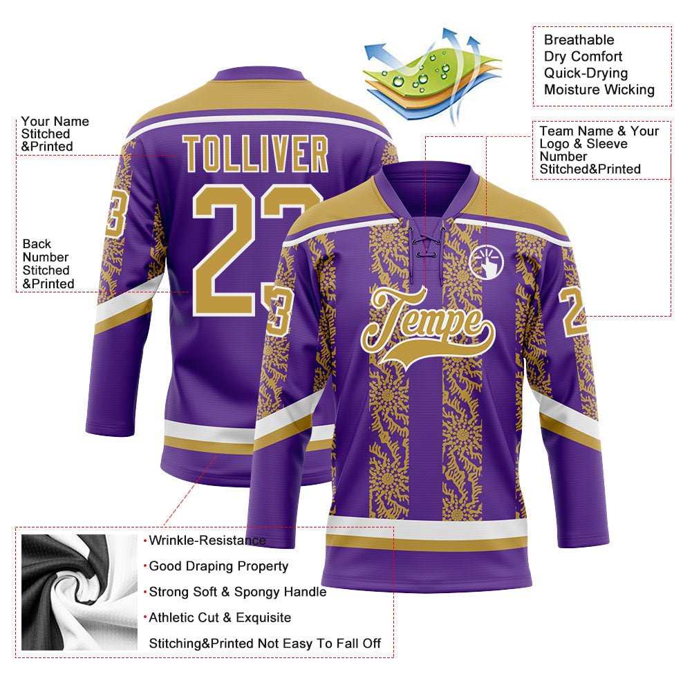 Custom Purple Old Gold-White 3D Pattern Abstract Shape Hockey Lace Neck Jersey view 3