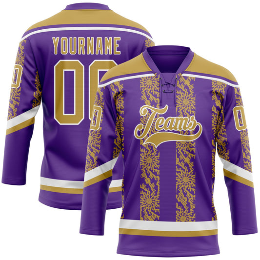 Custom Purple Old Gold-White 3D Pattern Abstract Shape Hockey Lace Neck Jersey - Main View