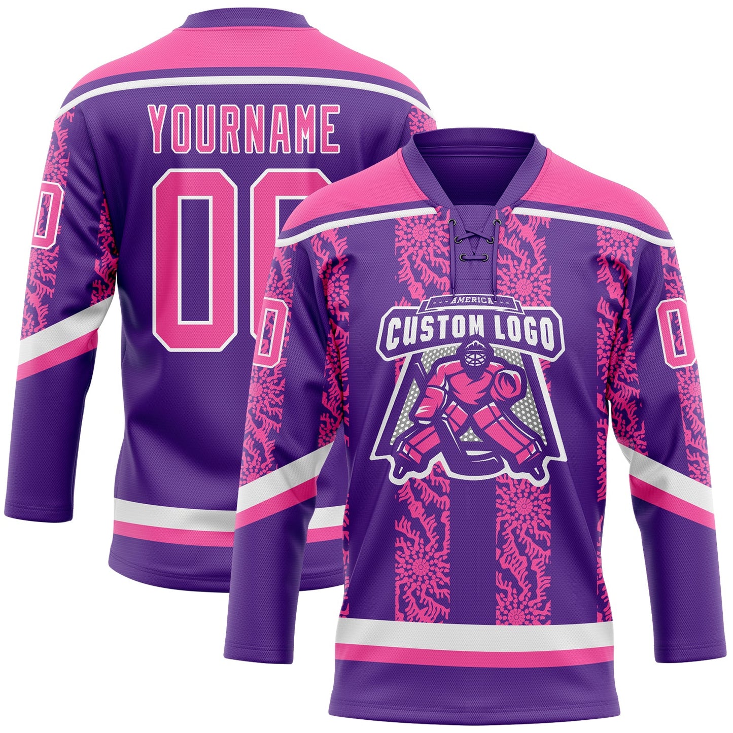 Custom Purple Pink-White 3D Pattern Abstract Shape Hockey Lace Neck Jersey view 2