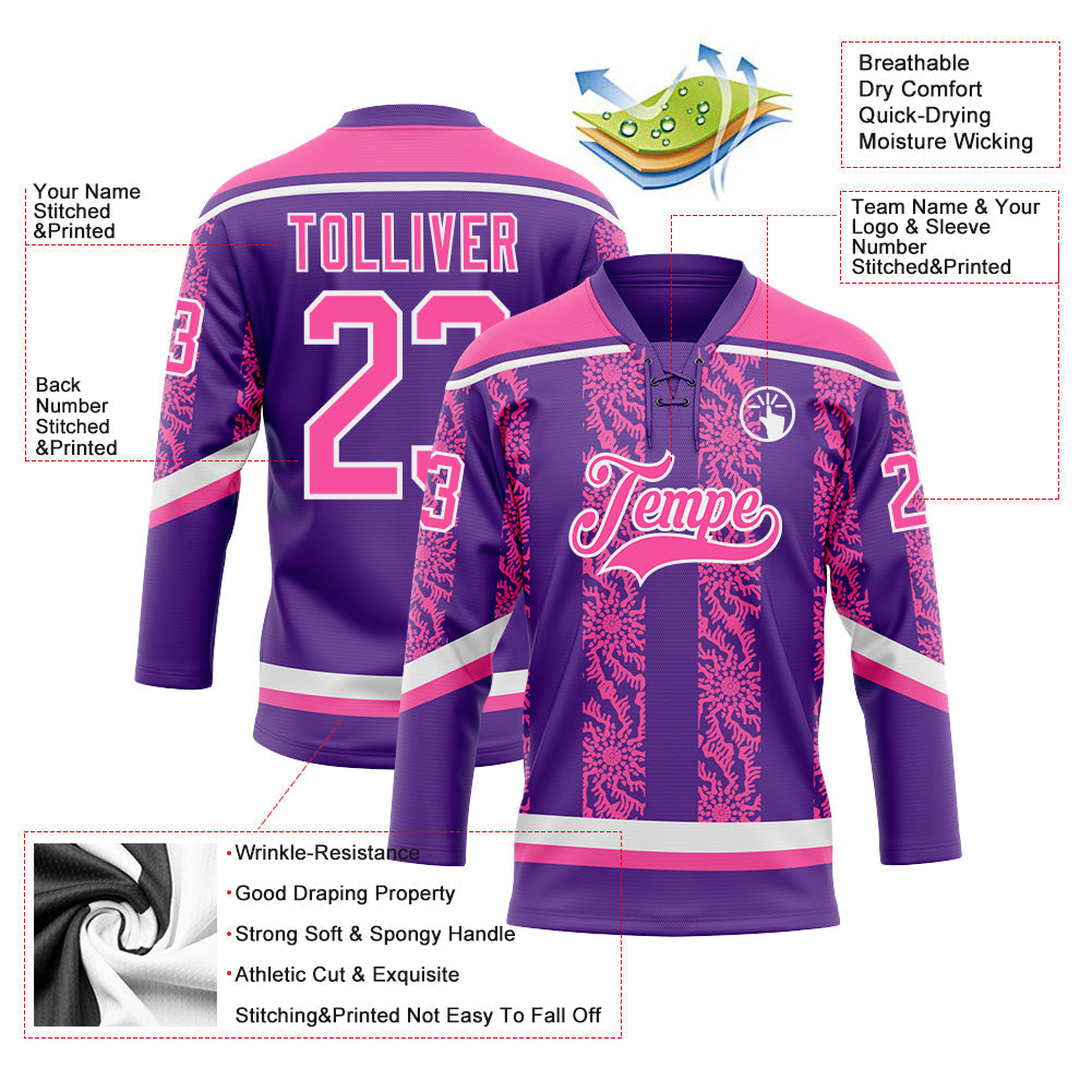Custom Purple Pink-White 3D Pattern Abstract Shape Hockey Lace Neck Jersey view 3