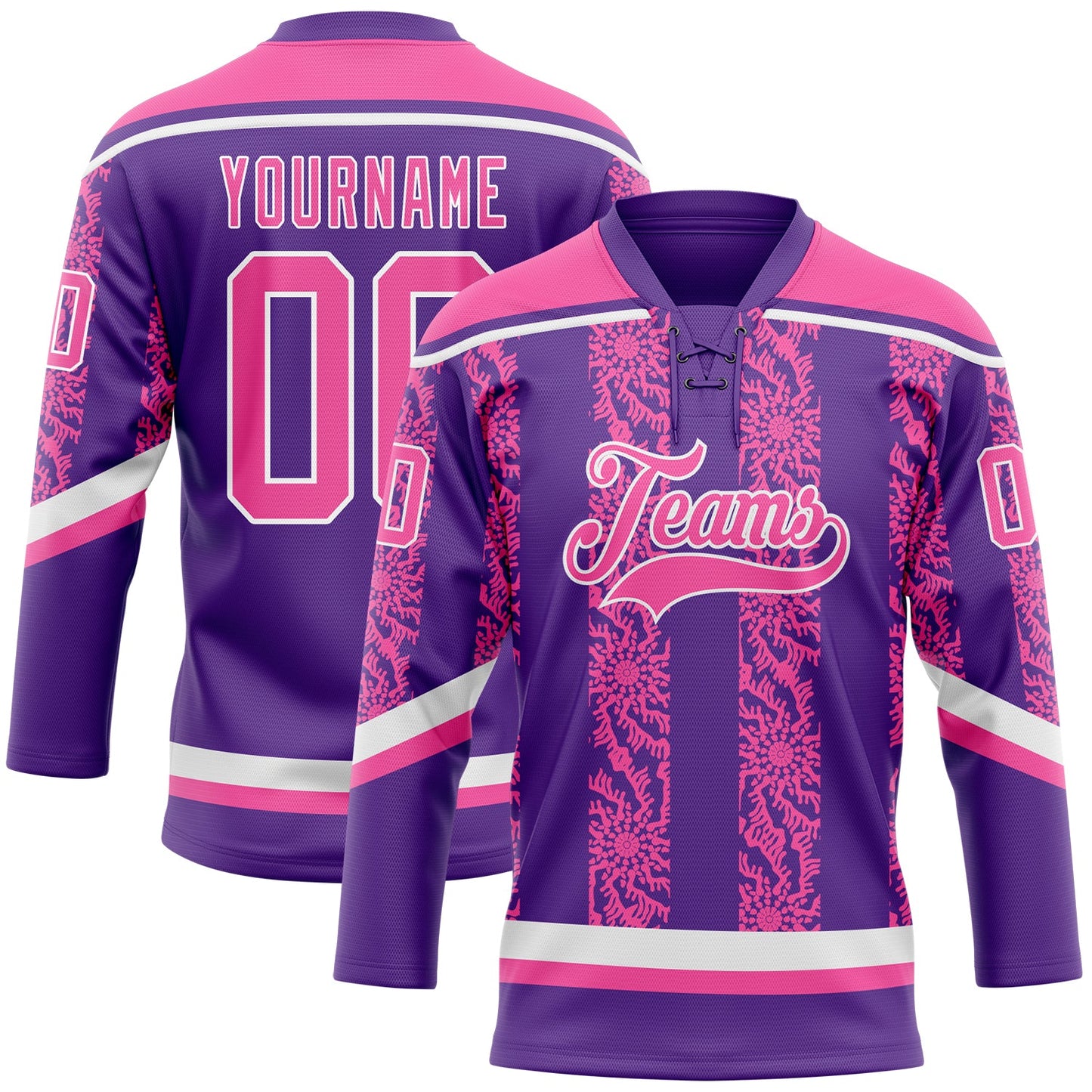 Custom Purple Pink-White 3D Pattern Abstract Shape Hockey Lace Neck Jersey - Main View