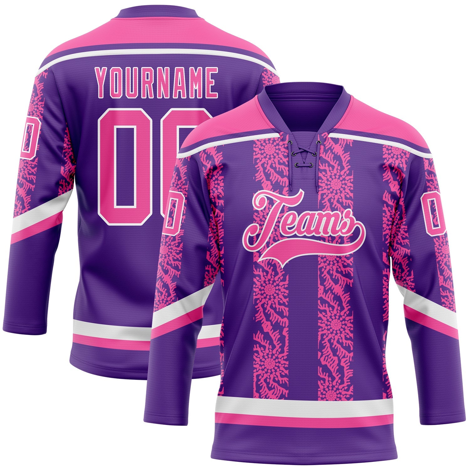Custom Purple Pink-White 3D Pattern Abstract Shape Hockey Lace Neck Jersey - Main View
