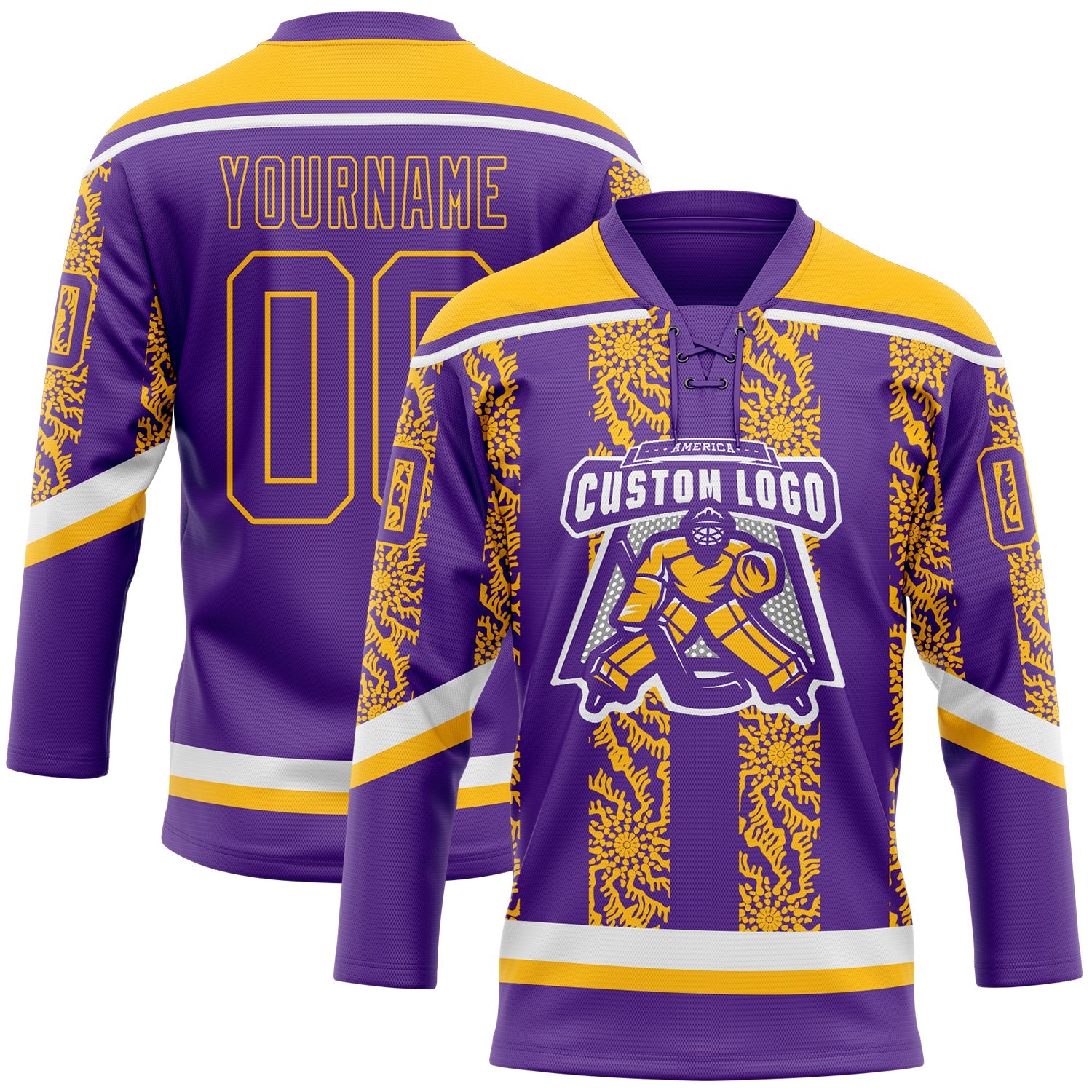Custom Purple Gold-White 3D Pattern Abstract Shape Hockey Lace Neck Jersey view 2