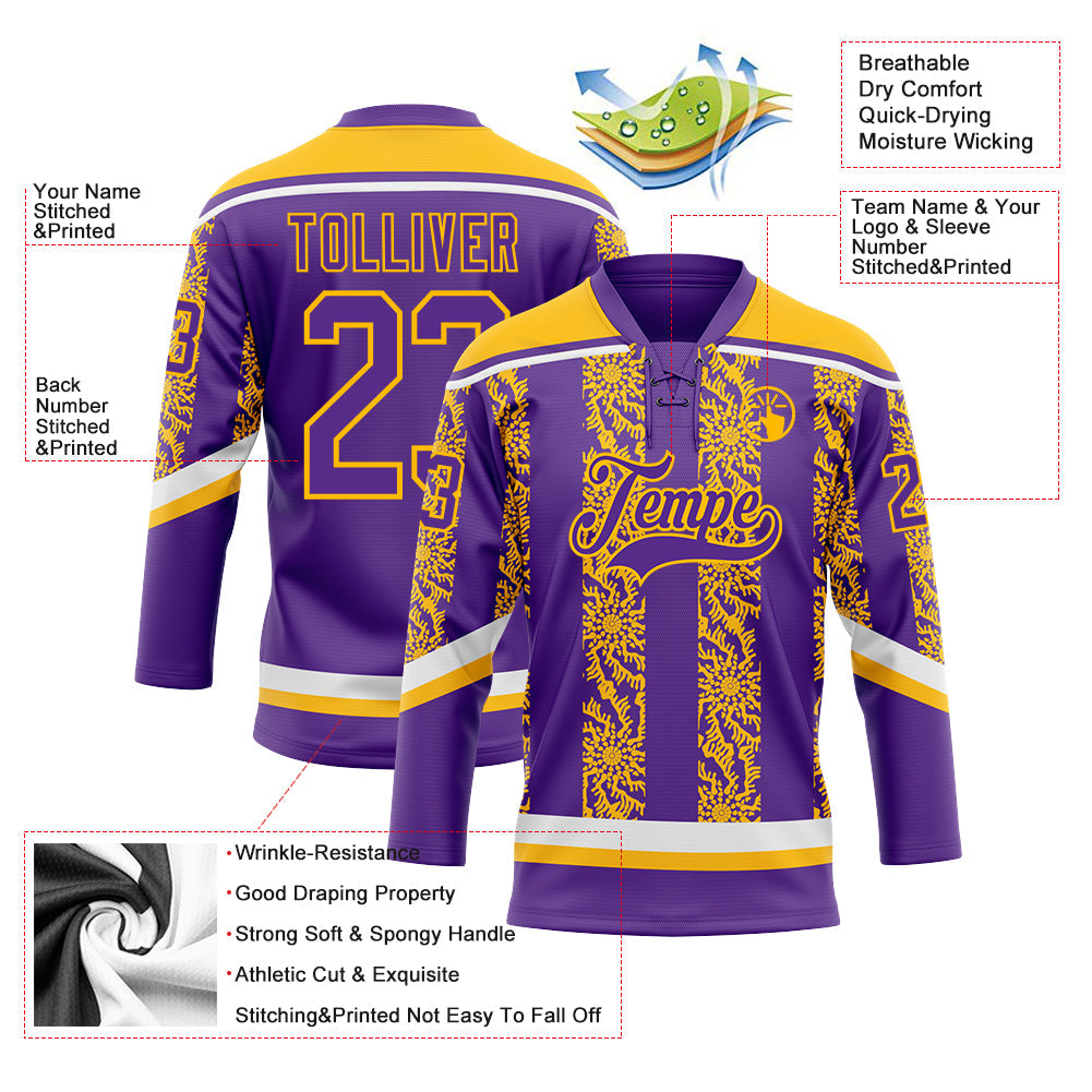 Custom Purple Gold-White 3D Pattern Abstract Shape Hockey Lace Neck Jersey view 3