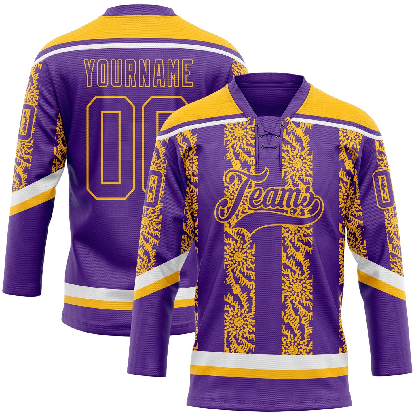 Custom Purple Gold-White 3D Pattern Abstract Shape Hockey Lace Neck Jersey - Main View