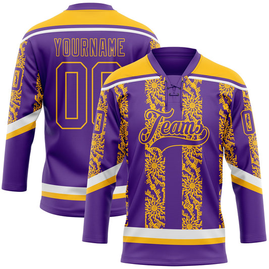 Custom Purple Gold-White 3D Pattern Abstract Shape Hockey Lace Neck Jersey - Main View