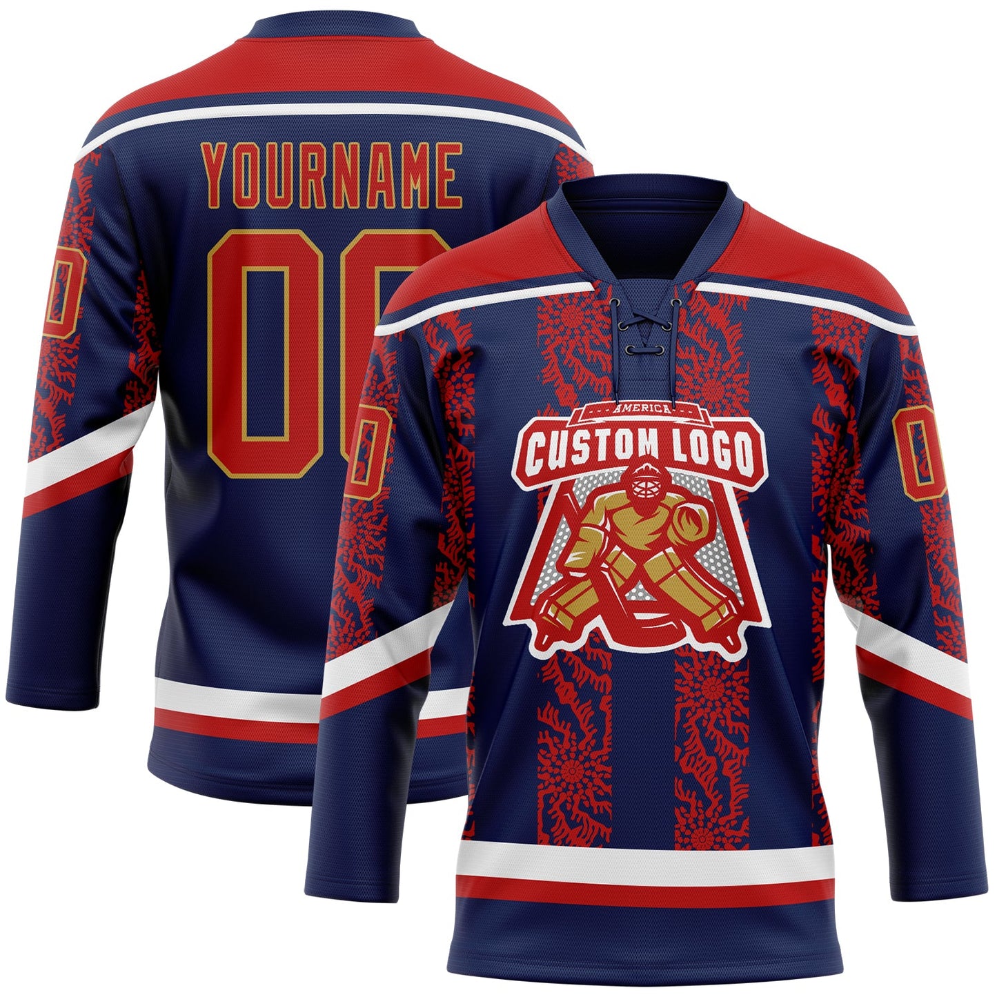 Custom Navy Red Old Gold-White 3D Pattern Abstract Shape Hockey Lace Neck Jersey view 2