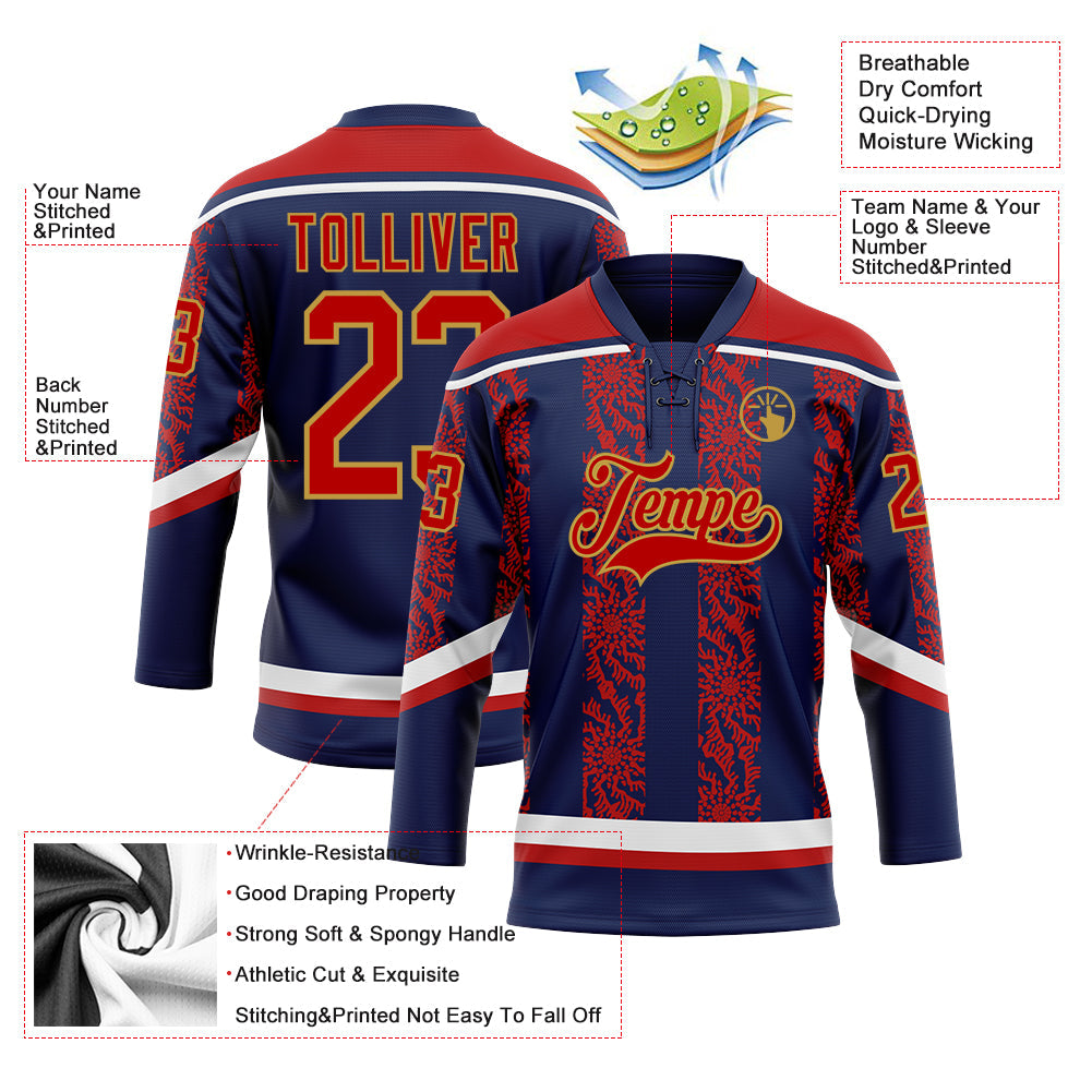 Custom Navy Red Old Gold-White 3D Pattern Abstract Shape Hockey Lace Neck Jersey view 3