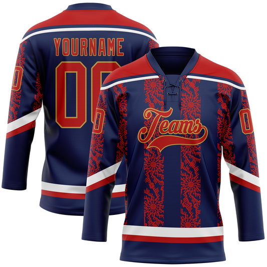 Custom Navy Red Old Gold-White 3D Pattern Abstract Shape Hockey Lace Neck Jersey - Main View