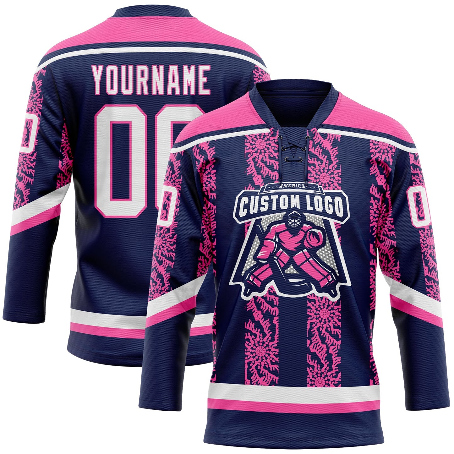 Custom Navy White-Pink 3D Pattern Abstract Shape Hockey Lace Neck Jersey view 2