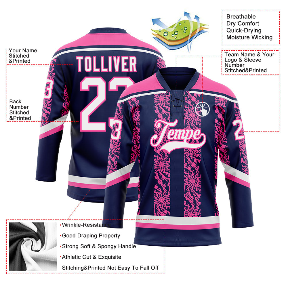 Custom Navy White-Pink 3D Pattern Abstract Shape Hockey Lace Neck Jersey view 3