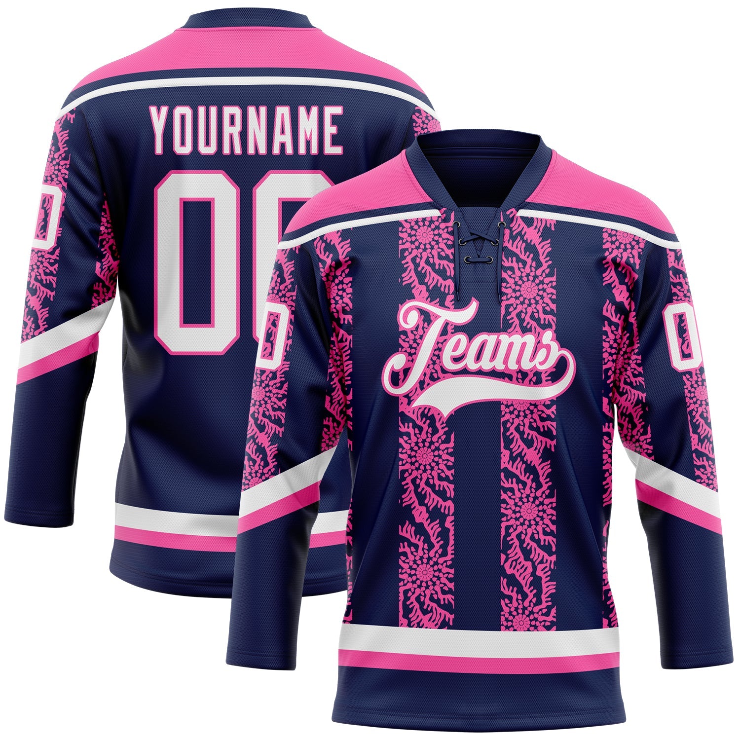 Custom Navy White-Pink 3D Pattern Abstract Shape Hockey Lace Neck Jersey - Main View