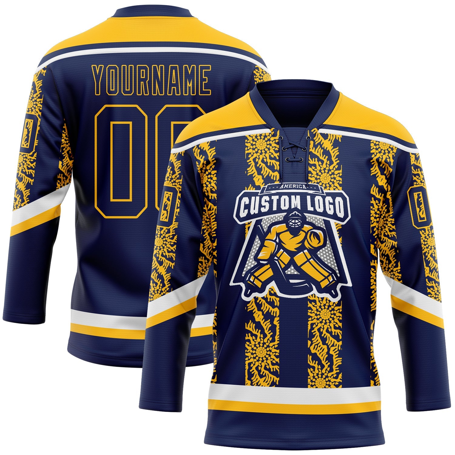 Custom Navy Gold-White 3D Pattern Abstract Shape Hockey Lace Neck Jersey view 2