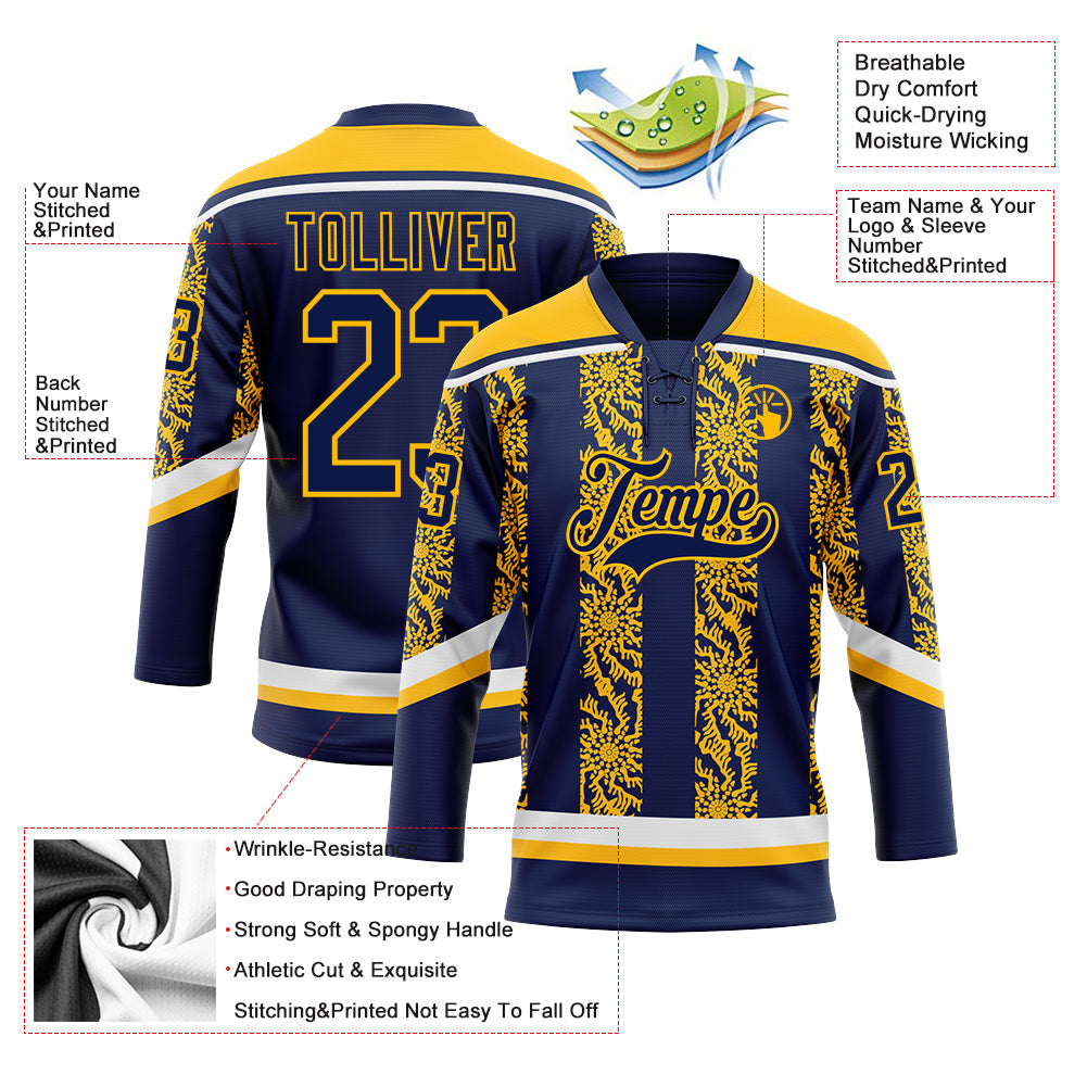 Custom Navy Gold-White 3D Pattern Abstract Shape Hockey Lace Neck Jersey view 3