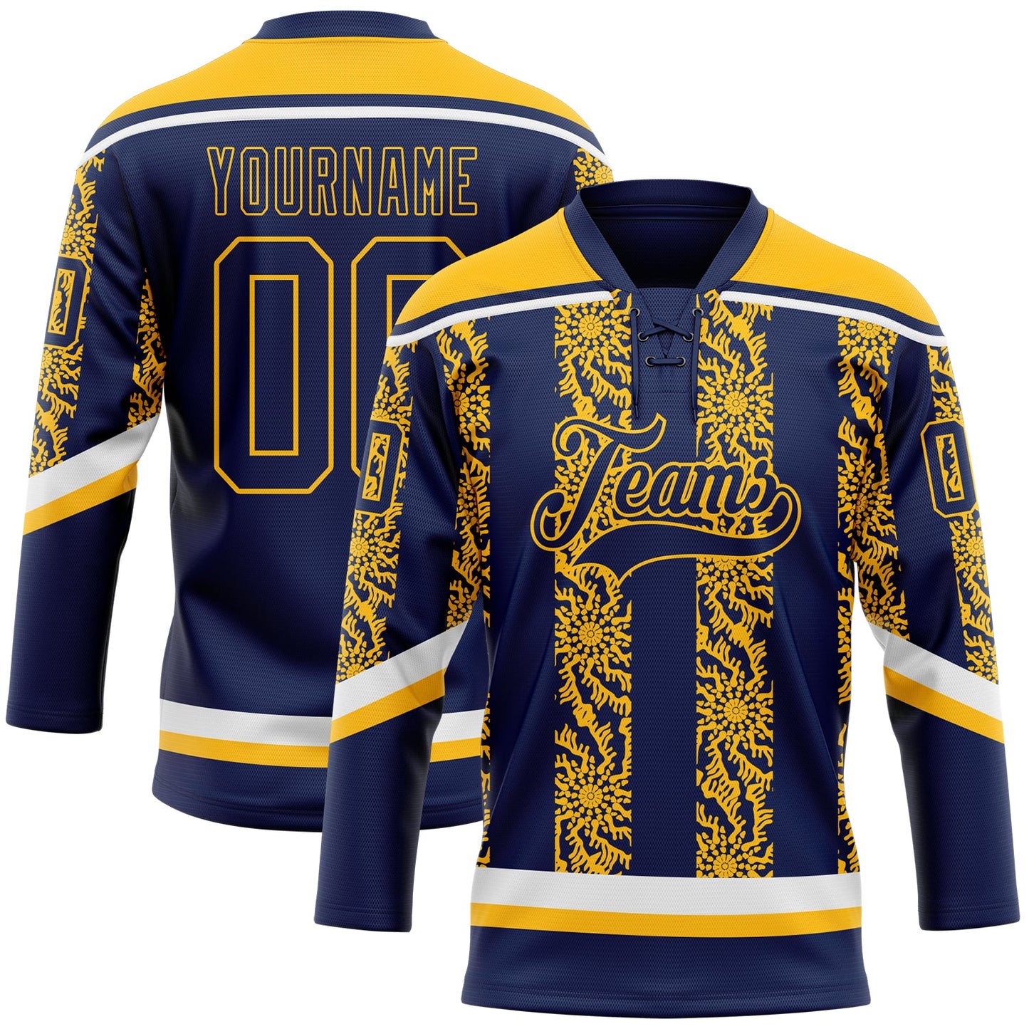 Custom Navy Gold-White 3D Pattern Abstract Shape Hockey Lace Neck Jersey - Main View