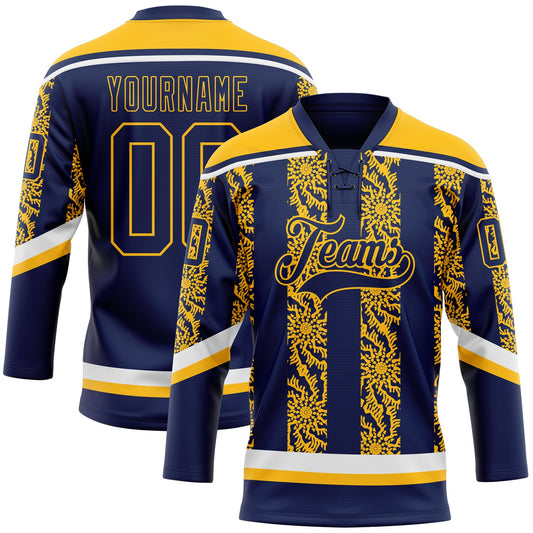 Custom Navy Gold-White 3D Pattern Abstract Shape Hockey Lace Neck Jersey - Main View