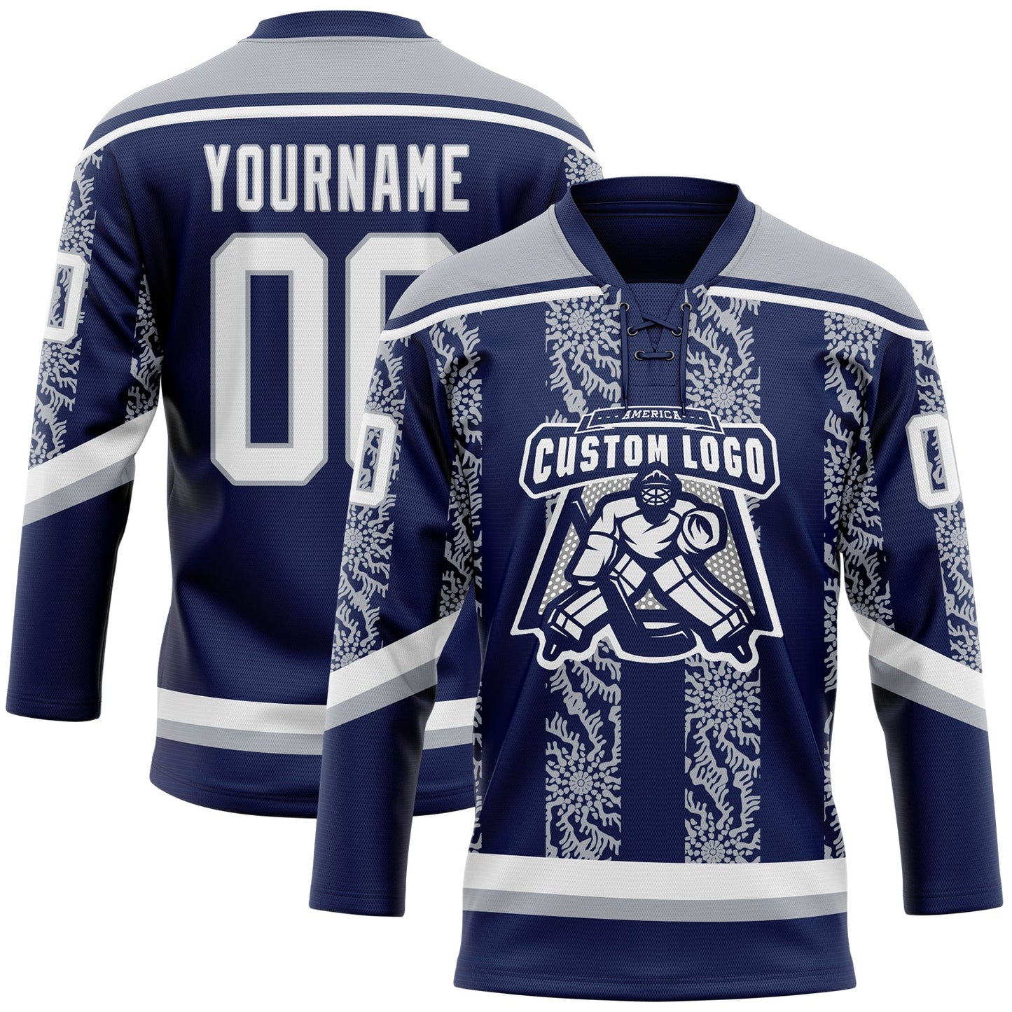 Custom Navy White-Gray 3D Pattern Abstract Shape Hockey Lace Neck Jersey view 2