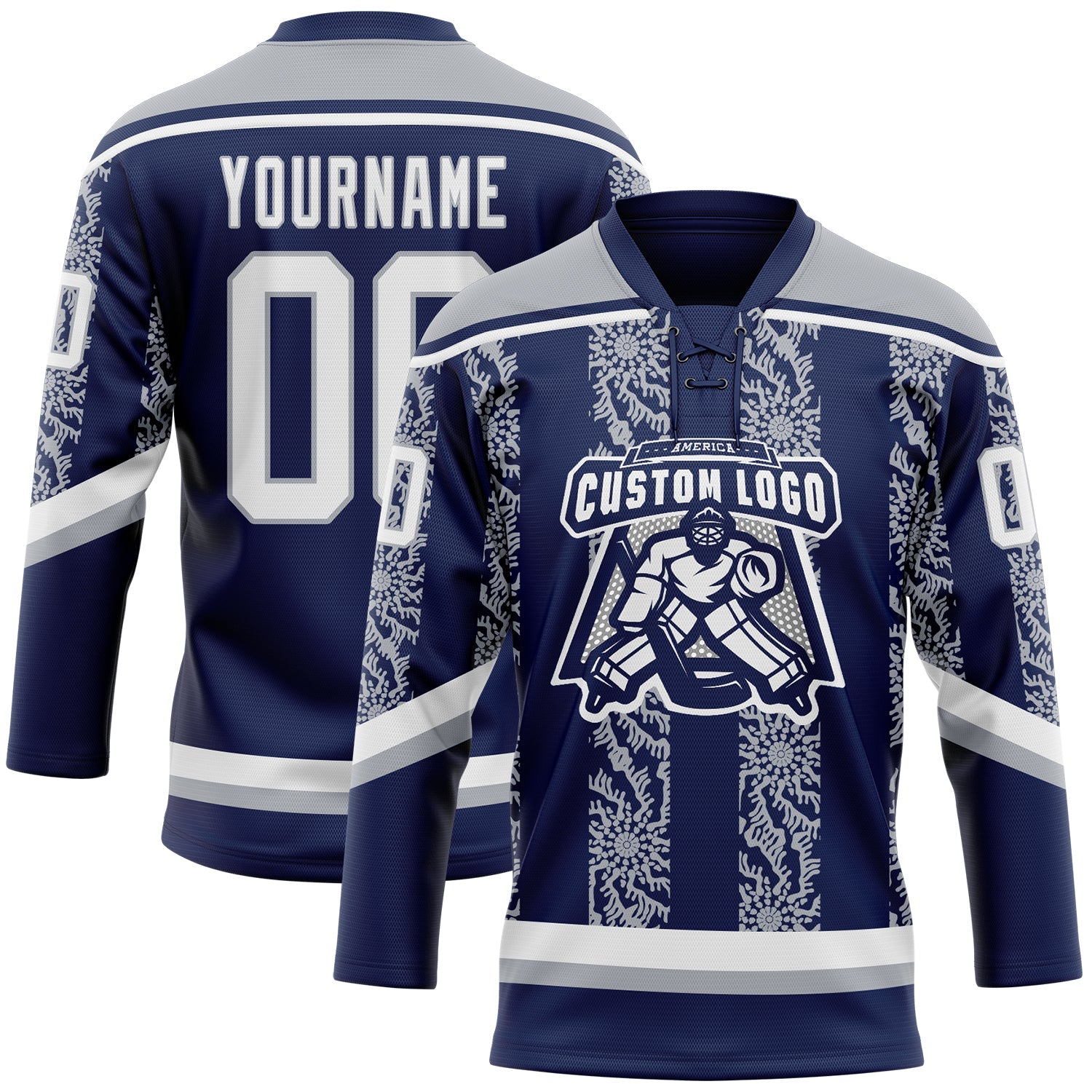 Custom Navy White-Gray 3D Pattern Abstract Shape Hockey Lace Neck Jersey view 2
