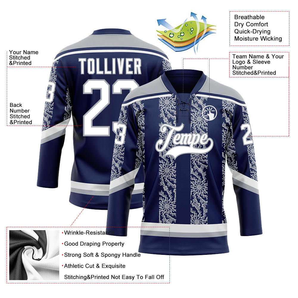 Custom Navy White-Gray 3D Pattern Abstract Shape Hockey Lace Neck Jersey view 3