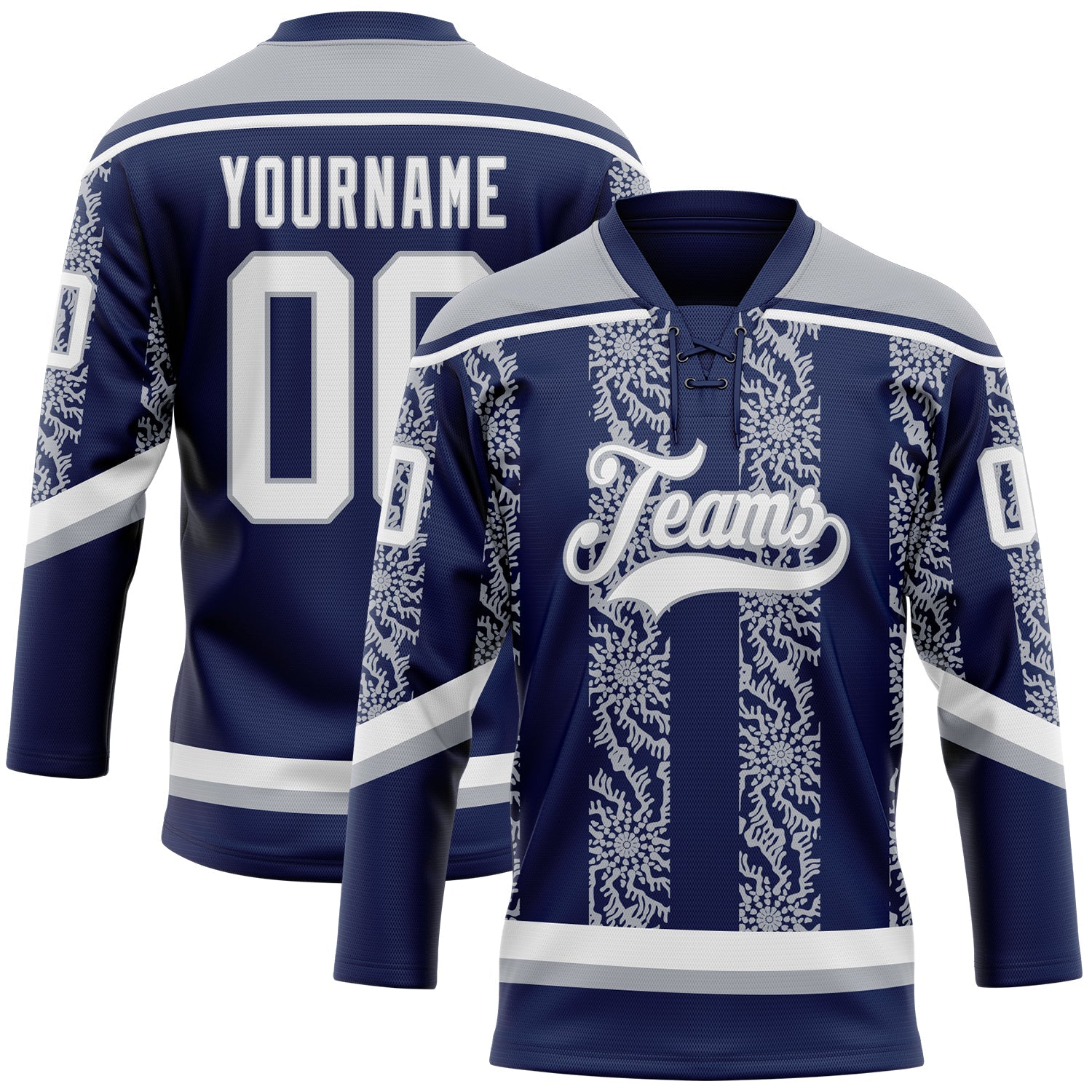 Custom Navy White-Gray 3D Pattern Abstract Shape Hockey Lace Neck Jersey - Main View