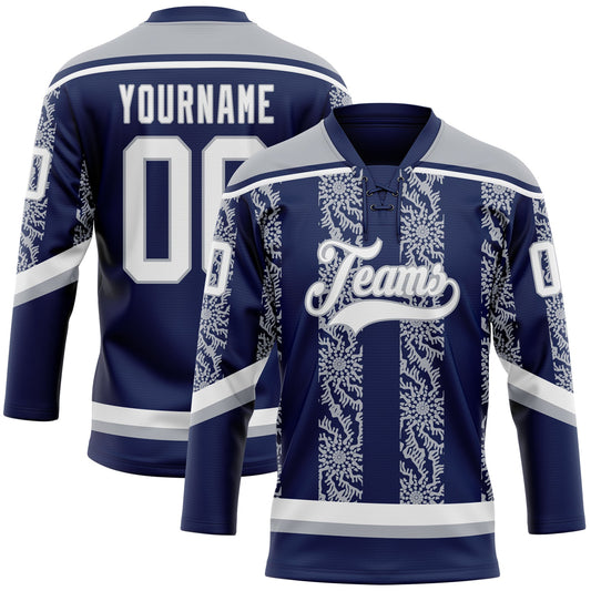 Custom Navy White-Gray 3D Pattern Abstract Shape Hockey Lace Neck Jersey - Main View