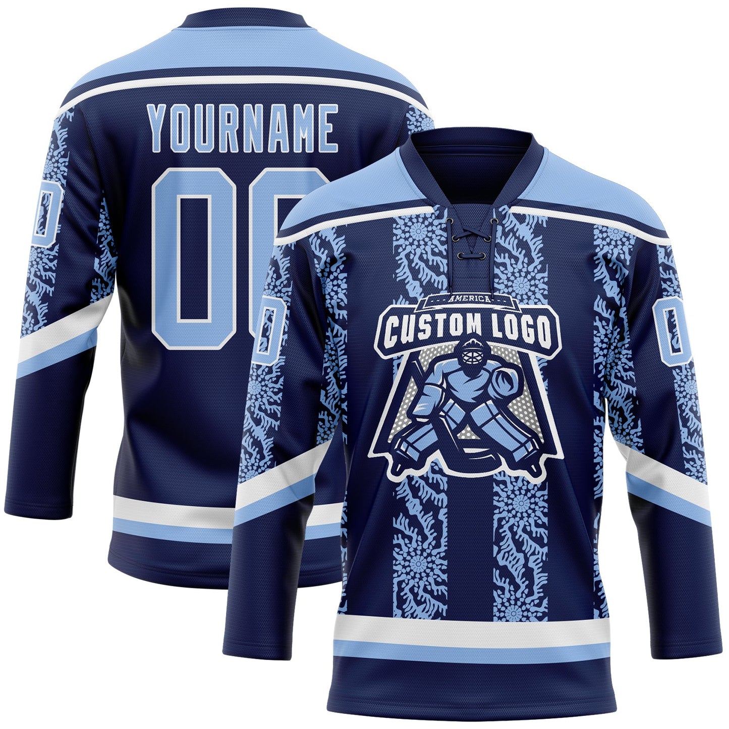 Custom Navy Light Blue-White 3D Pattern Abstract Shape Hockey Lace Neck Jersey view 2