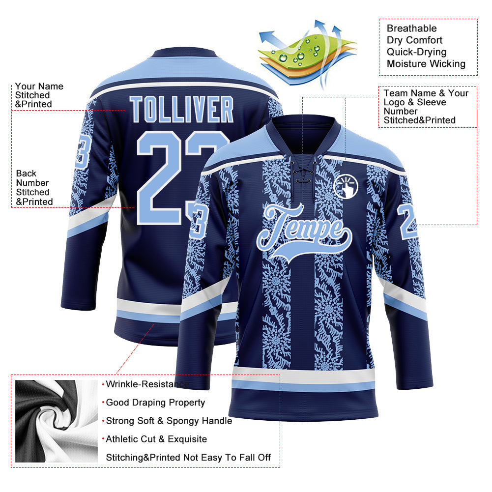 Custom Navy Light Blue-White 3D Pattern Abstract Shape Hockey Lace Neck Jersey view 3