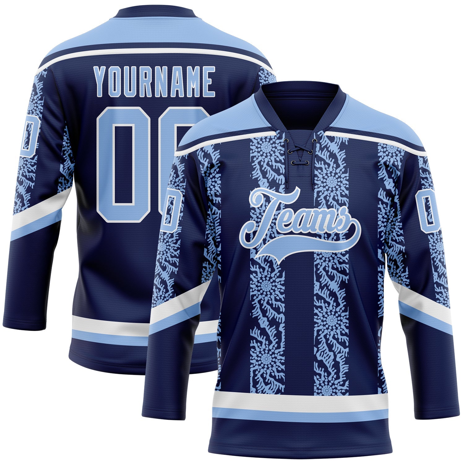 Custom Navy Light Blue-White 3D Pattern Abstract Shape Hockey Lace Neck Jersey - Main View