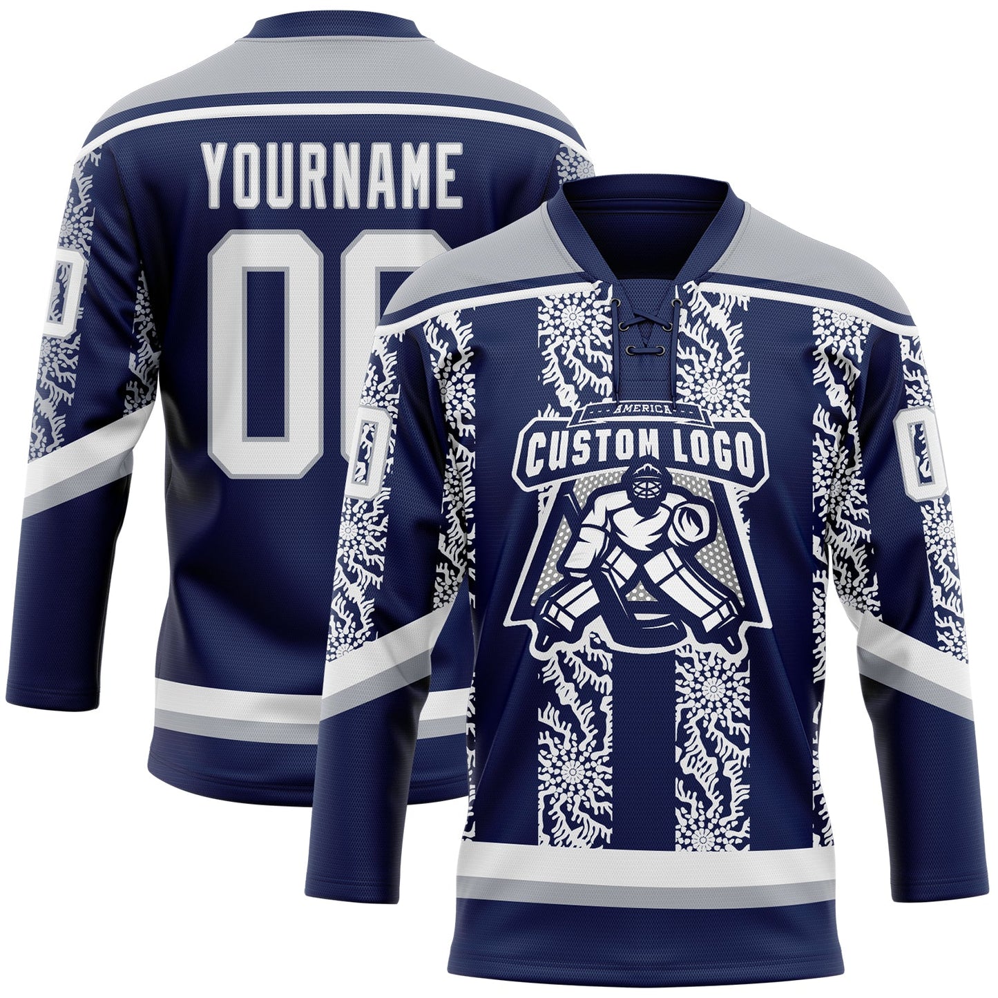 Custom Navy White-Gray 3D Pattern Abstract Shape Hockey Lace Neck Jersey view 2