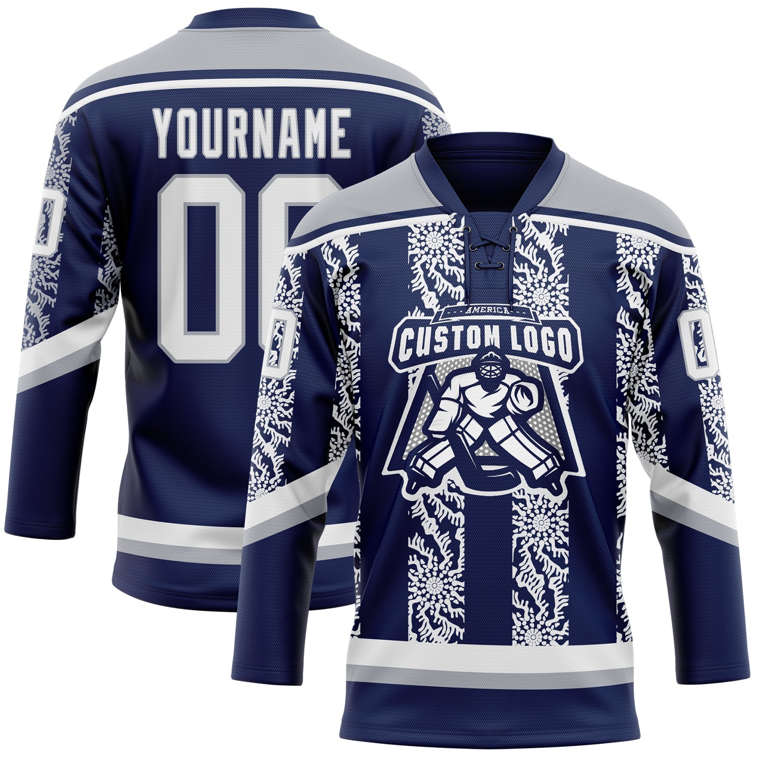 Custom Navy White-Gray 3D Pattern Abstract Shape Hockey Lace Neck Jersey view 2
