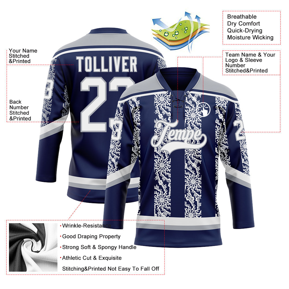 Custom Navy White-Gray 3D Pattern Abstract Shape Hockey Lace Neck Jersey view 3