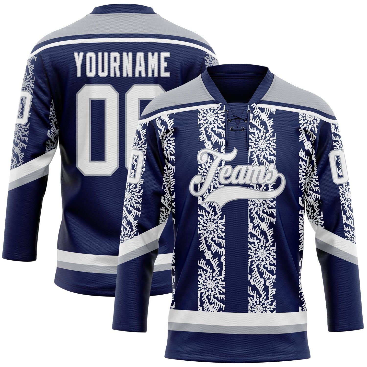 Custom Navy White-Gray 3D Pattern Abstract Shape Hockey Lace Neck Jersey - Main View