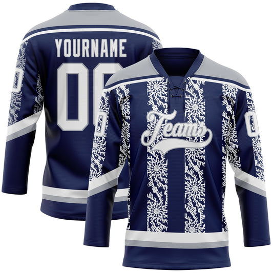 Custom Navy White-Gray 3D Pattern Abstract Shape Hockey Lace Neck Jersey - Main View
