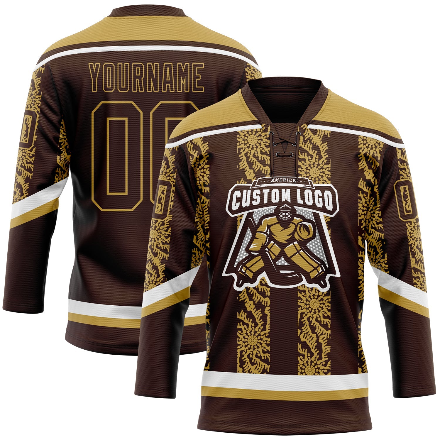 Custom Brown Old Gold-White 3D Pattern Abstract Shape Hockey Lace Neck Jersey view 2