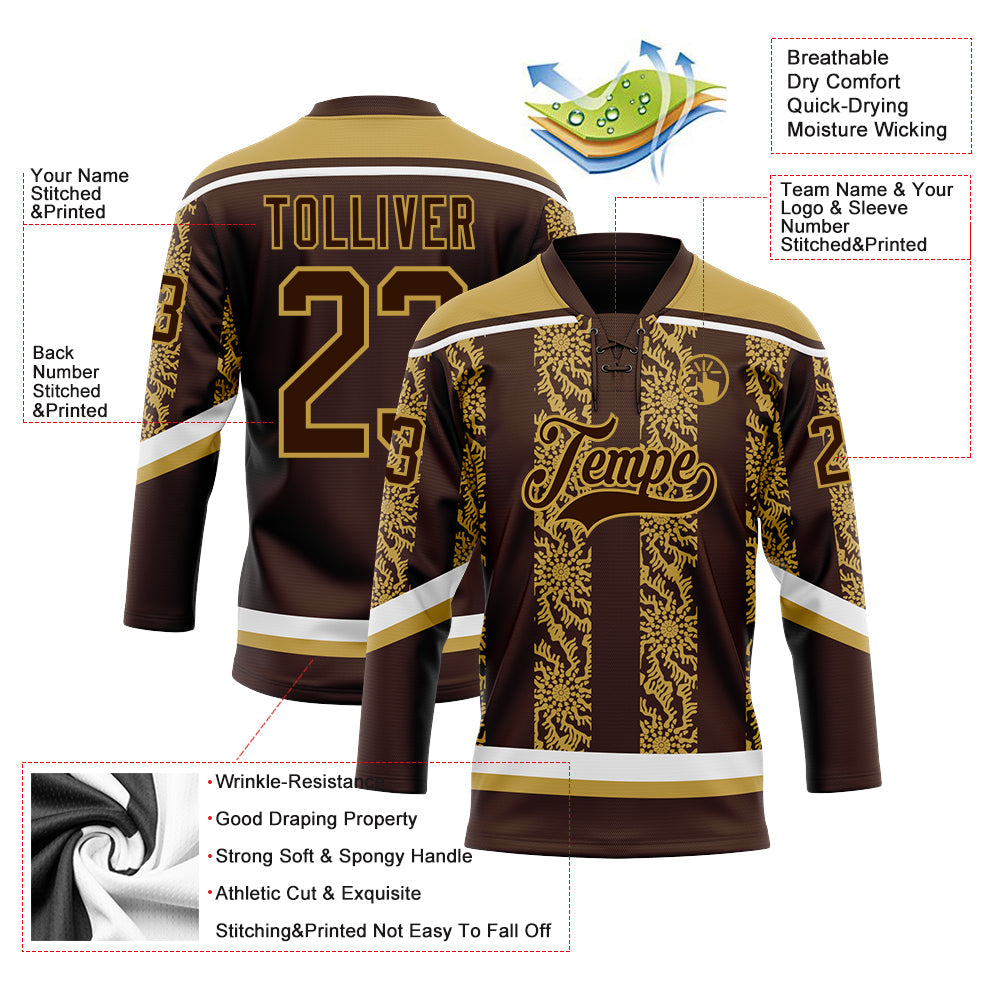 Custom Brown Old Gold-White 3D Pattern Abstract Shape Hockey Lace Neck Jersey view 3