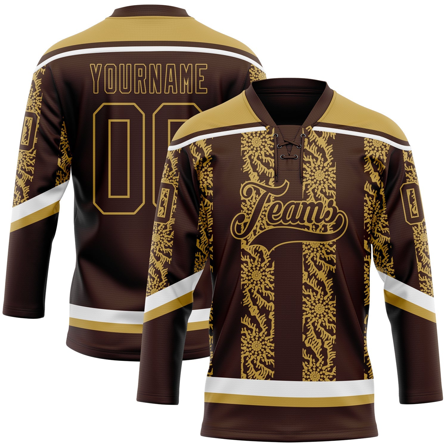 Custom Brown Old Gold-White 3D Pattern Abstract Shape Hockey Lace Neck Jersey - Main View