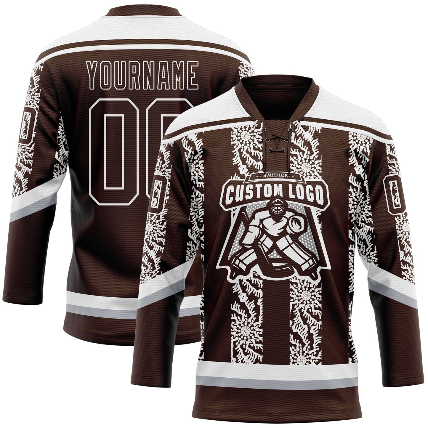 Custom Brown Gray-White 3D Pattern Abstract Shape Hockey Lace Neck Jersey view 2