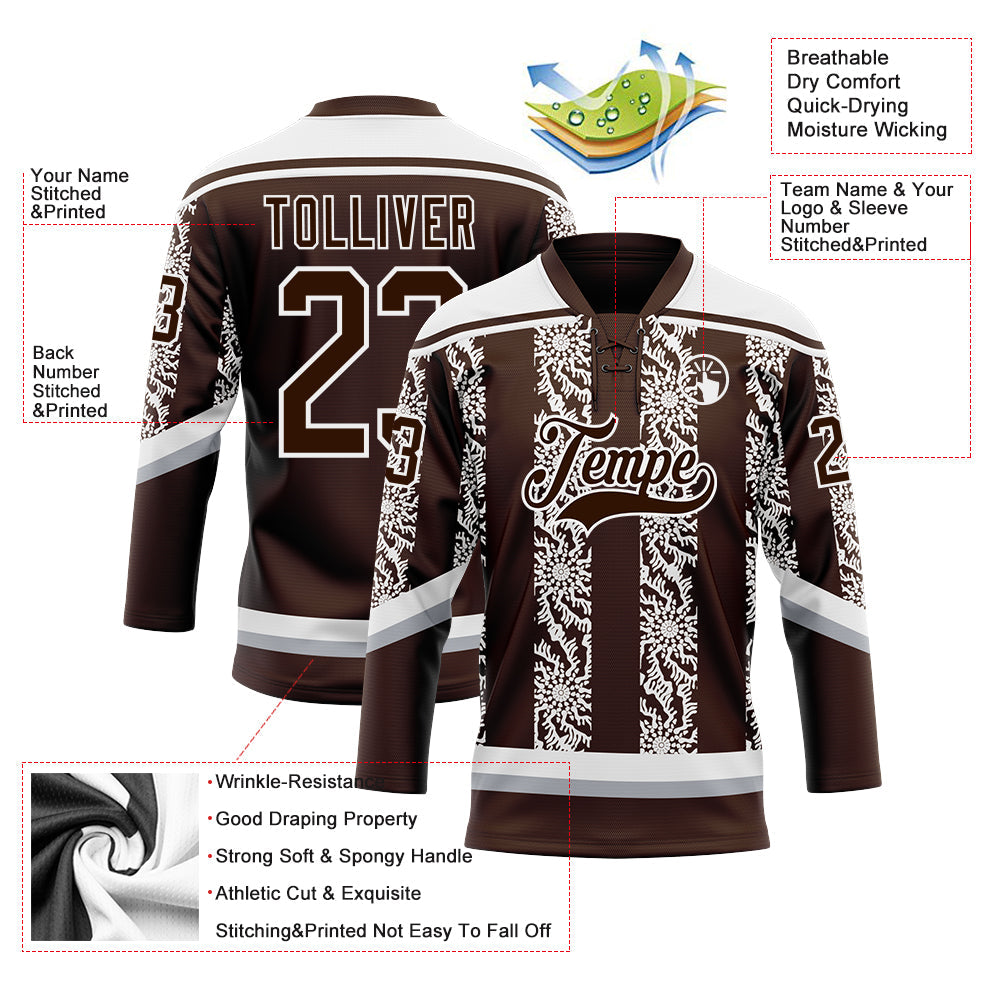 Custom Brown Gray-White 3D Pattern Abstract Shape Hockey Lace Neck Jersey view 3