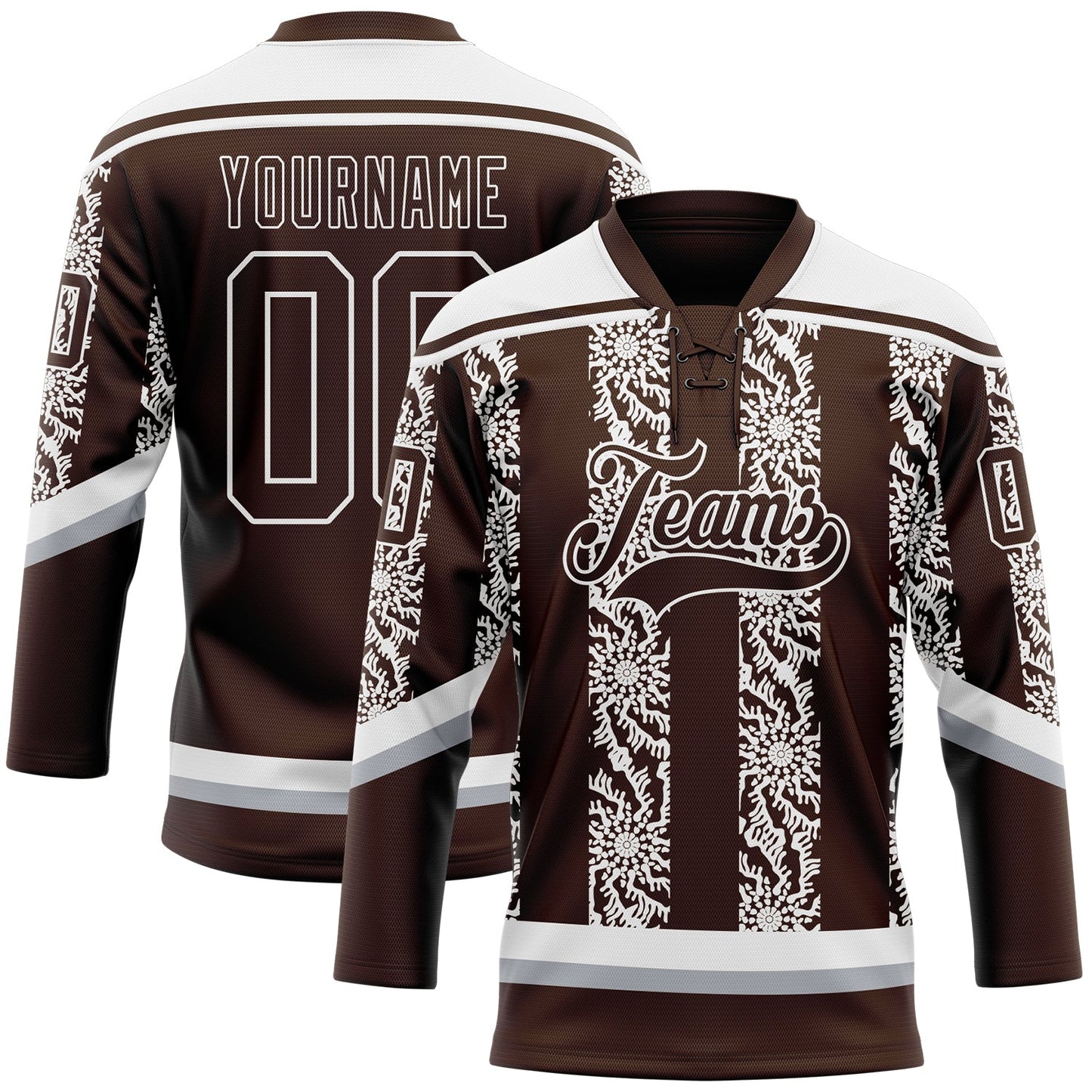 Custom Brown Gray-White 3D Pattern Abstract Shape Hockey Lace Neck Jersey - Main View