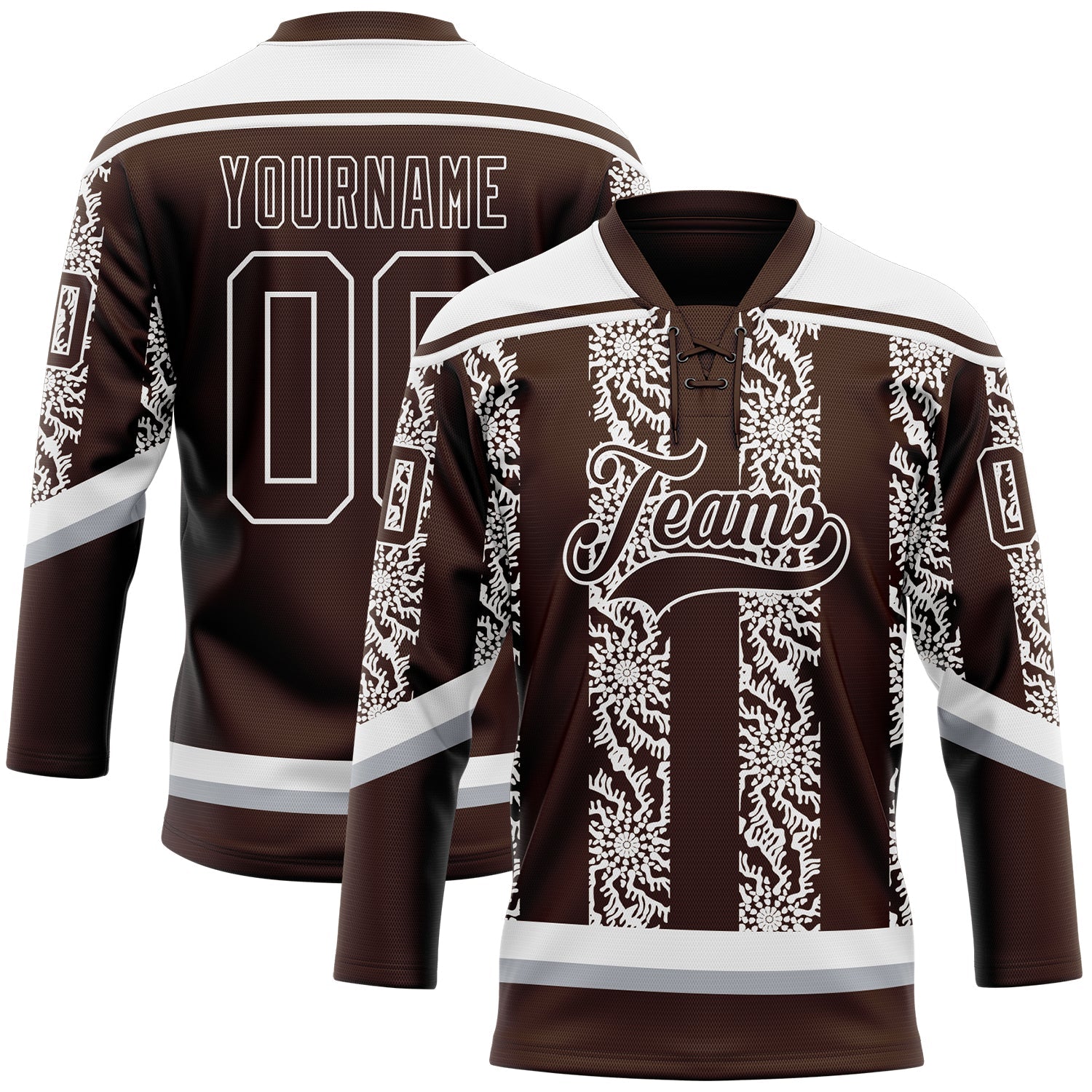 Custom Brown Gray-White 3D Pattern Abstract Shape Hockey Lace Neck Jersey - Main View