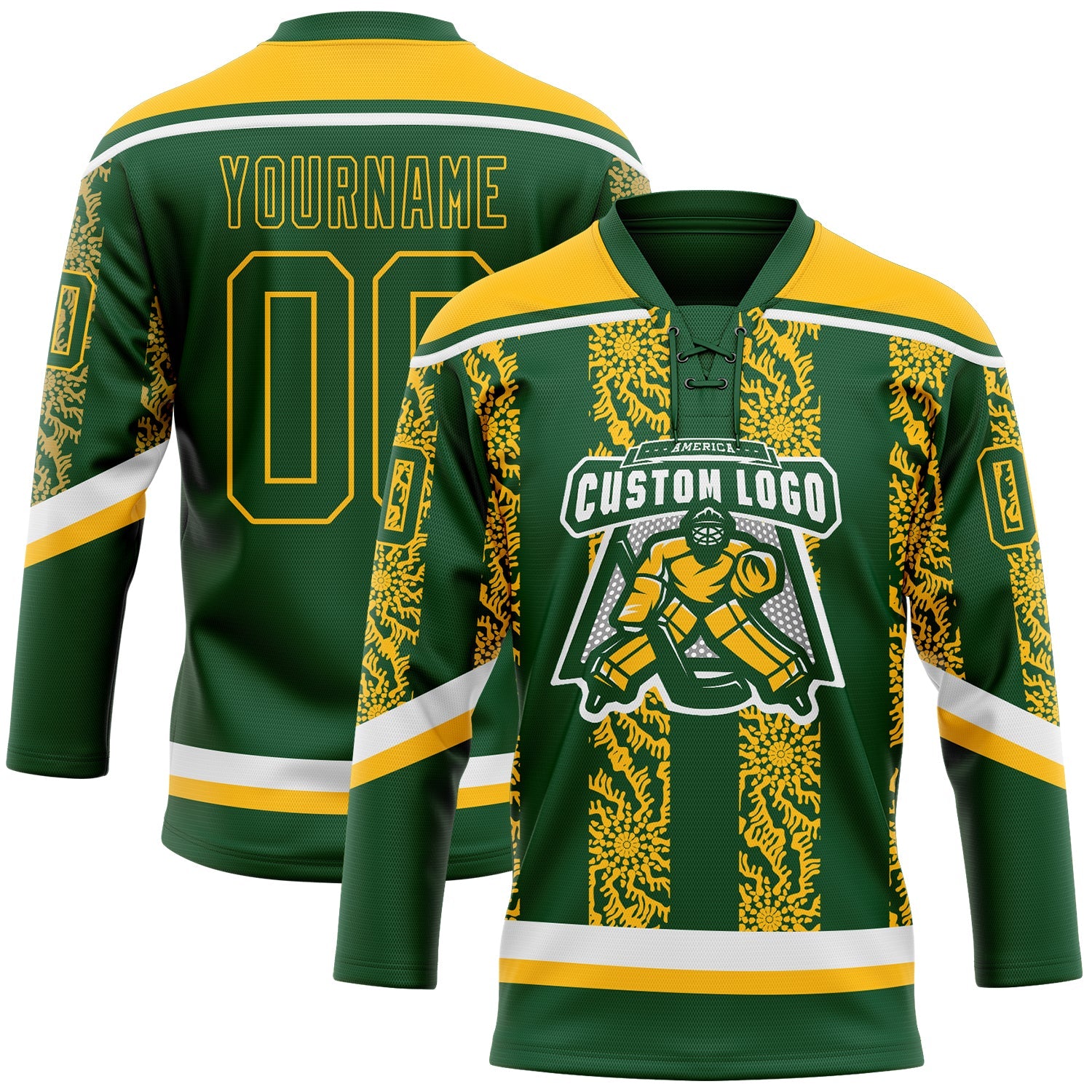 Custom Green Gold-White 3D Pattern Abstract Shape Hockey Lace Neck Jersey view 2