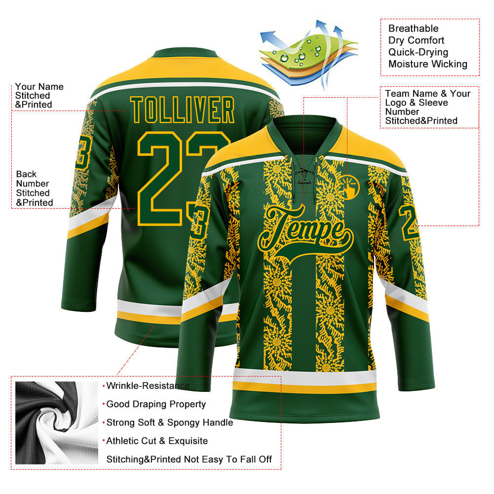 Custom Green Gold-White 3D Pattern Abstract Shape Hockey Lace Neck Jersey view 3