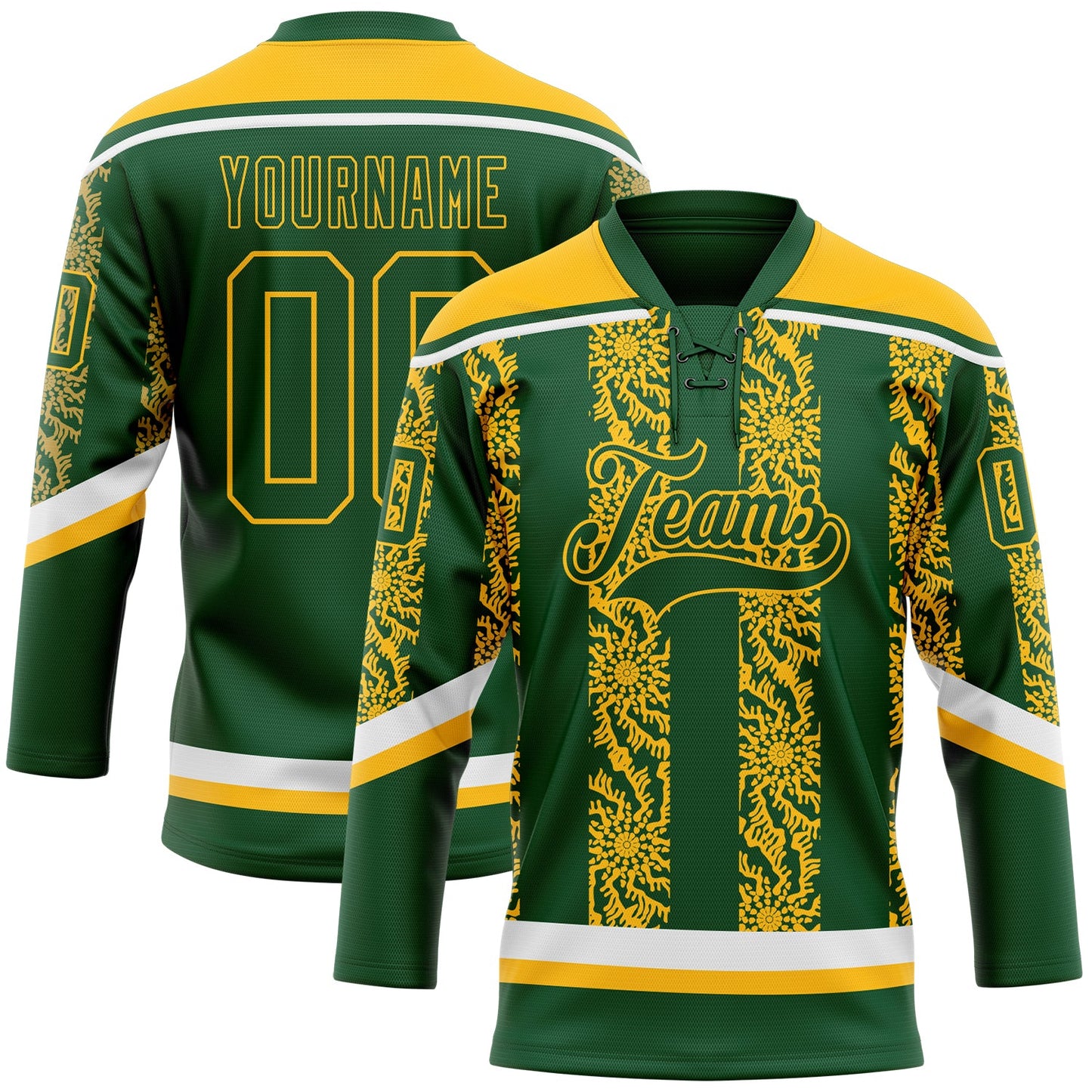 Custom Green Gold-White 3D Pattern Abstract Shape Hockey Lace Neck Jersey - Main View