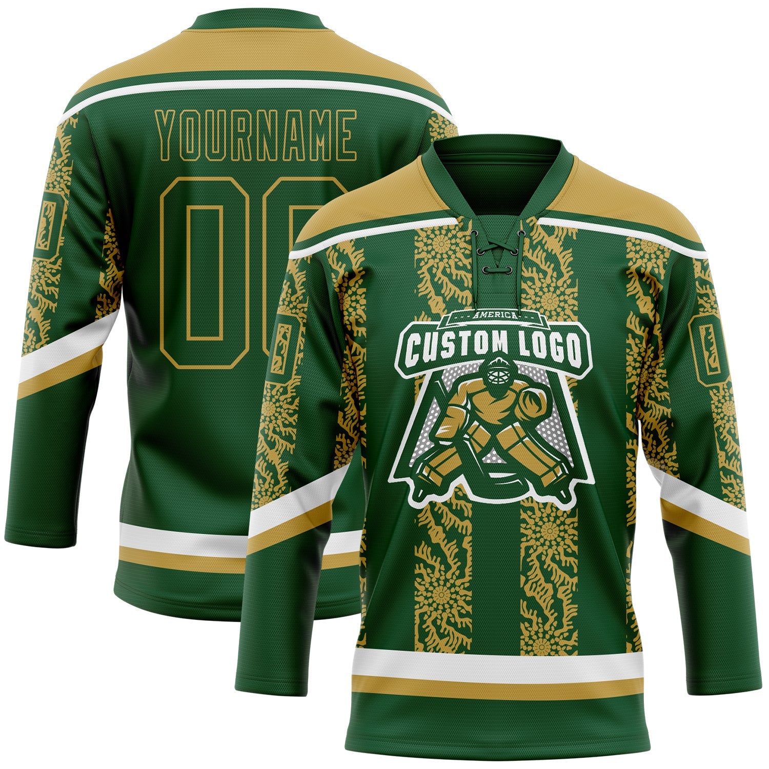 Custom Green Old Gold-White 3D Pattern Abstract Shape Hockey Lace Neck Jersey view 2