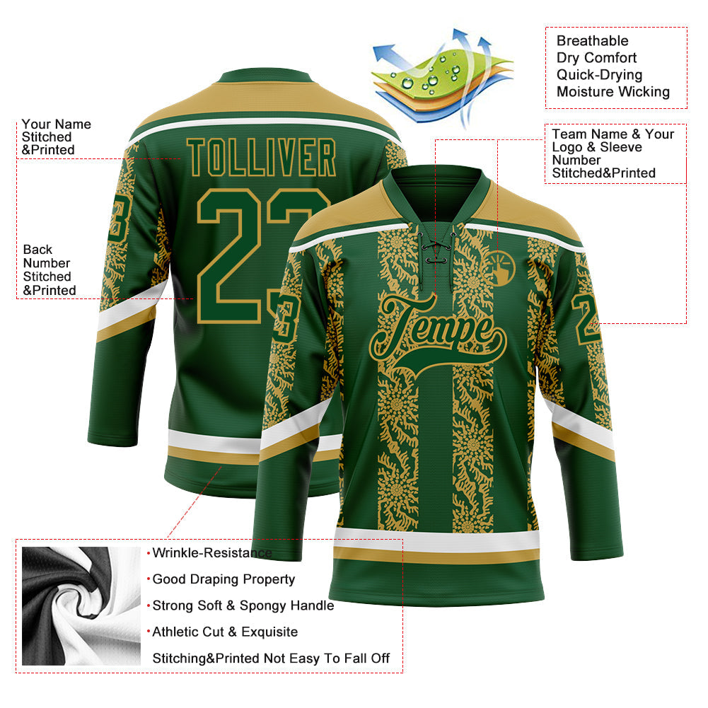 Custom Green Old Gold-White 3D Pattern Abstract Shape Hockey Lace Neck Jersey view 3