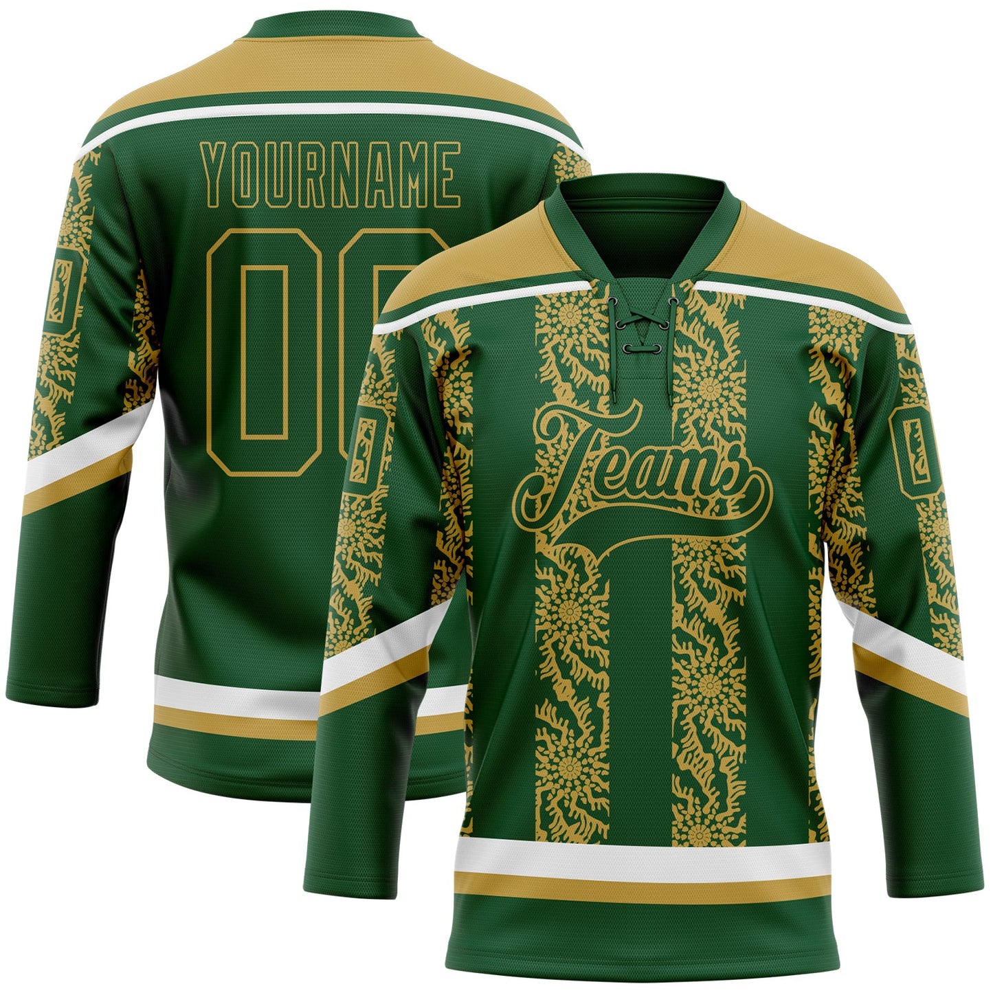 Custom Green Old Gold-White 3D Pattern Abstract Shape Hockey Lace Neck Jersey - Main View