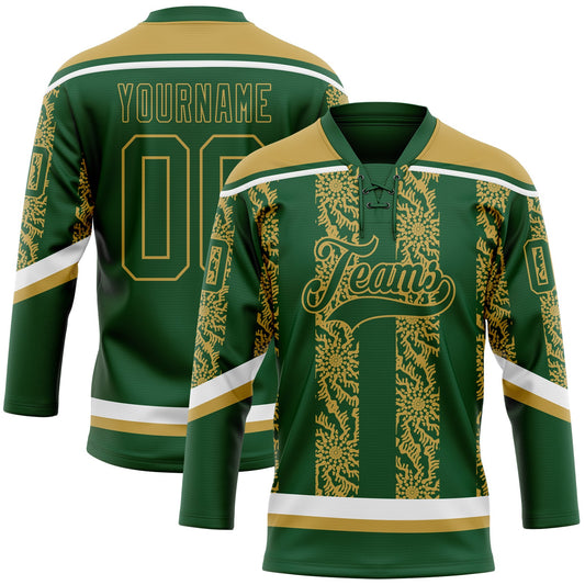 Custom Green Old Gold-White 3D Pattern Abstract Shape Hockey Lace Neck Jersey - Main View