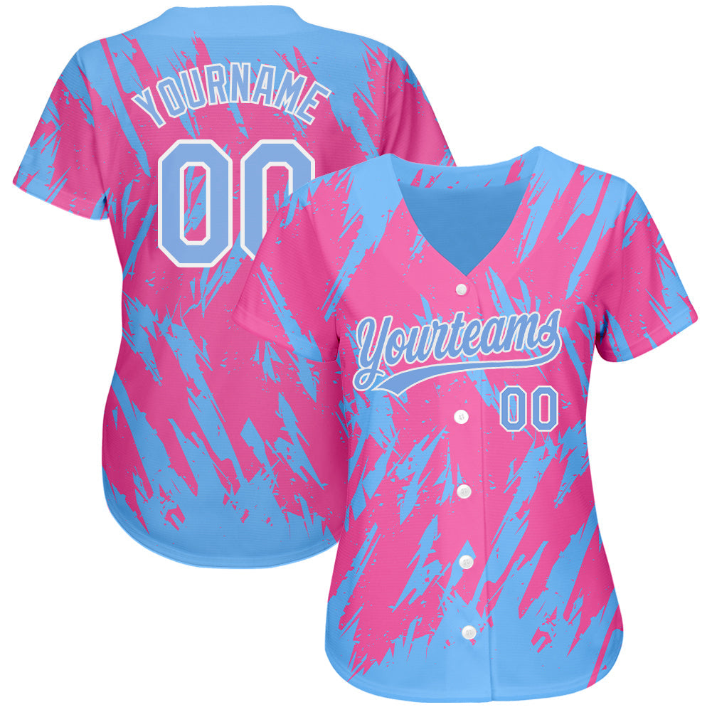 Custom Pink Powder Blue-White 3D Pattern Design Authentic Baseball Jersey view 2